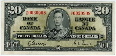 1937 Bank of Canada $20 - Gordon & Towers Signatures - BC-25b - S/N: H/E0030908 - Image 1 of 2