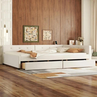 Full/Queen Size Daybed Upholstered Bed Frame Sofa Bed with USB Ports & 2 Drawers - Image 1 of 4