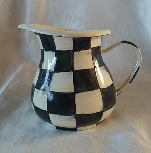 MACKENZIE CHILDS  COURTLY CHECK ENAMELWARE CREAMER  BLACK & WHITE 4.5" x 5.25" - Picture 1 of 7
