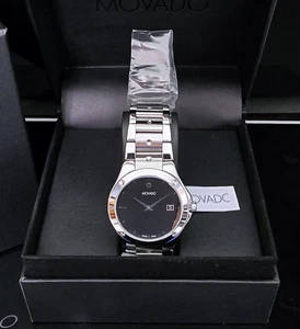 NEU! Movado Herren Excel Uhr schwarz Museum Zifferblatt silberne Punkte & Zeiger SLVR Armband - Bild 1 von 16