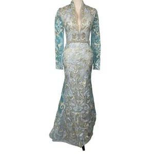 Mac Duggal Long Formal Dress 11165 Long Sleeve Applique V-Neck Gown Blue Gold 2 - Picture 1 of 6