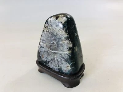 Y5716 OKIMONO Chrysanthemum stone wooden stand Japan antique interior home decor - Image 1 of 4