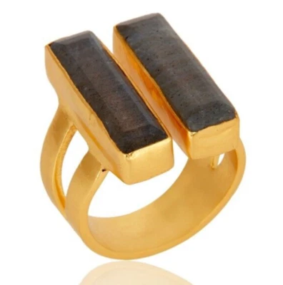 Anel feminino longo retangular barra pedra preciosa labradorita ouro amarelo declaração - Imagem 1 de 4