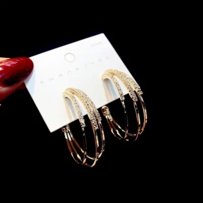 18K White Gold & Gold Filled Cubic Zirconia Triple Band Open Hoop Earrings Foto 1 de 4