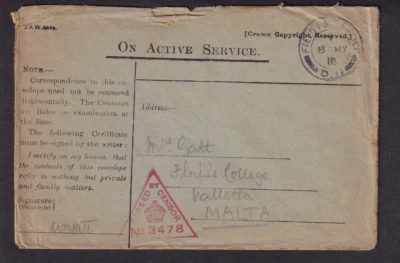 Great Britain May 8 1916 WWI censor cover Field PO D11 W Gatt to Valletta Malta - Image 1 of 2
