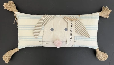 Mud Pie Oh So Happy Bunny Pillow Jute Tassels Easter 8 x 18 - Image 1 of 4