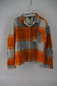 Boohoo Man Mens Orange Gray Plaid Fuzzy Shacket Button-Up Size M - Picture 1 of 4