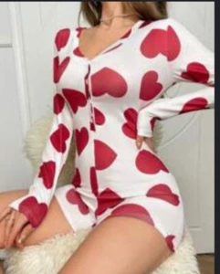 Women’s Hearts Long Sleeve Shorts Jumpsuit Pjs Size XL - Picture 1 of 7