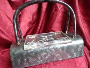 VINTAGE GREY PEARLIZED LUCITE PURSE CLEAR CARVED LUCITE LID - Picture 1 of 5