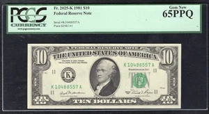 FR. 2025-K 1981 $10 FRN FEDERAL RESERVE NOTE DALLAS, TX PCGS GEM UNC-65PPQ - Picture 1 of 2