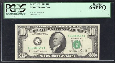 FR. 2025-K 1981 $10 FRN FEDERAL RESERVE NOTE DALLAS, TX PCGS GEM UNC-65PPQ - Image 1 of 2