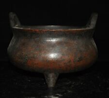 7.6'' China temple Purple copper bronze Handle Tripod Incense burner censer