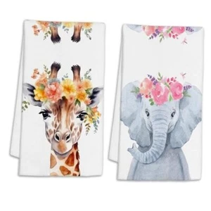 2 Pcs Hand Towels Absorbent Soft Bath Cute Elephant Giraffe in Floral Wreath - Picture 1 of 8