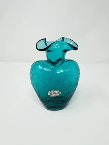 Rainbow Art Glass WV Turquoise Teal Heart Shape Crackle Glass 5” Bud Vase MCM - Picture 1 of 7