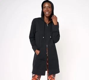 Denim & Co. Petite Active French Terry Tunika-Jacke mit Kapuze und Reißverschluss vorne schwarz L neu - Bild 1 von 1