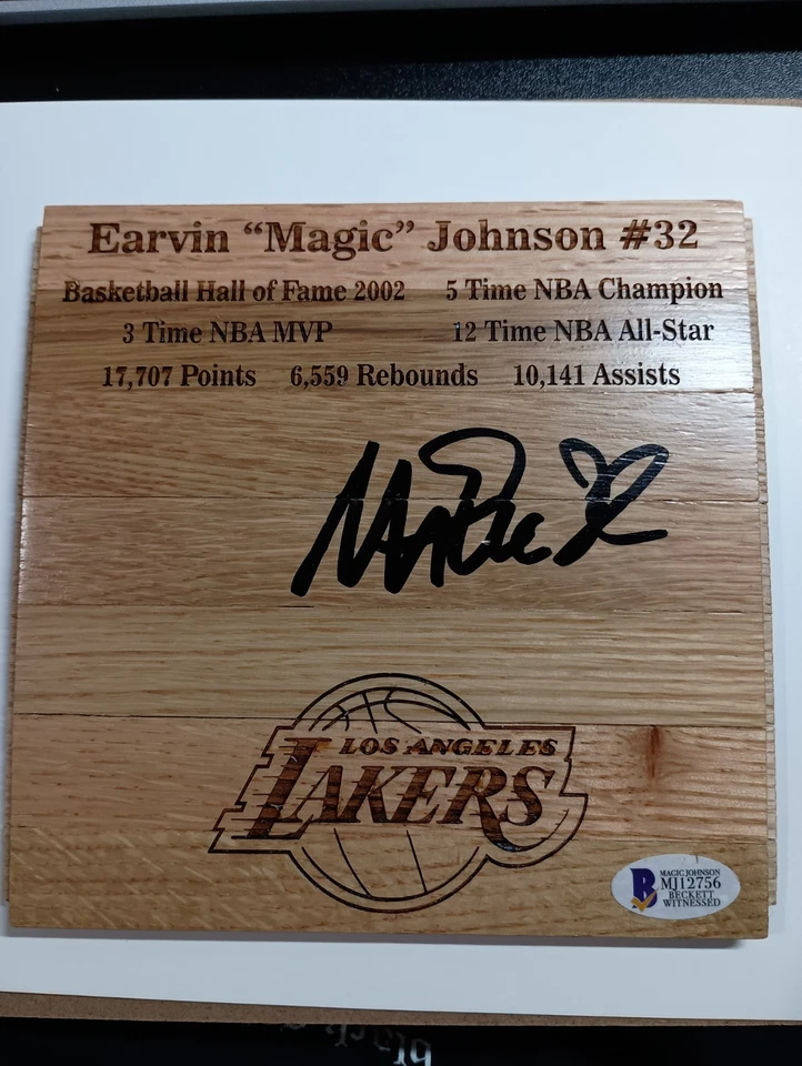 Magic Johnson LA Lakers Salón de la Fama Firmado 6x6 Piso de Madera Auténtico Beckett Certificado de Autenticidad BAS Foto 1 de 4