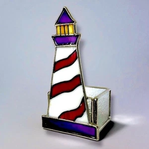 Stained Glass Lighthouse Candle Holder Glass Art Decor Purple Red Yellow 6” - Picture 1 of 15