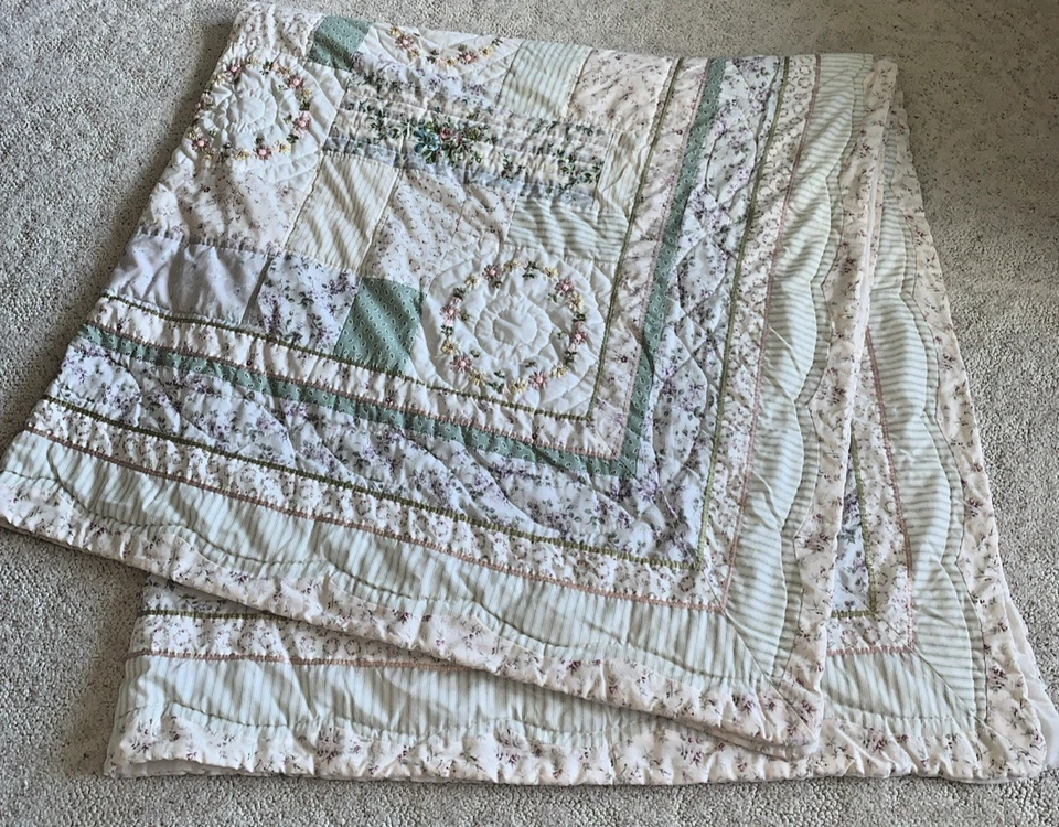 West Elm Bedspread Cottage Core Shabby Quilt Embroidery Pastel 84 x 84" Full Bed - Image 1 of 4