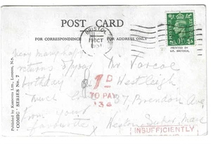 COMIC - HOUSE OF THRILLS 1951 Postcard TO PAY Handstamps BRISTOL to WESTON S.M. - Picture 1 of 2