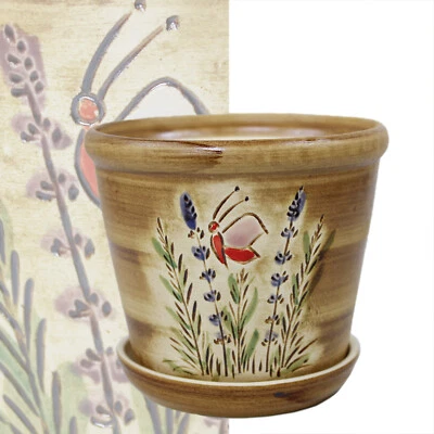 Pflanztopf Ø 15 cm - Blumentopf - Übertopf aus Keramik Schmetterling am Lavendel - Bild 1 von 2