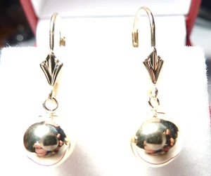 14KT Pure Yellow Gold Dangling 8MM Ball Lever Back Earrings- FREE SHIPPING! - Picture 1 of 5