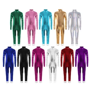 Girls Metallic Jumpsuit Mock Neck Shiny Bodysuit Stage Performance Leotard - Picture 1 of 127