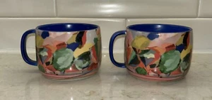 Anthropologie Carolyn Gavin Parterre Mugs Set of 2 Blue Inside & Handle Abstract - Picture 1 of 10