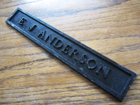 Antique Cast Metal Industrial Machine Sign E J ANDERSON Makers Plate Name Plaque Cover