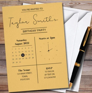 Minimal Uhr & Kalender orange personalisiert Geburtstag Party Einladungen - Bild 1 von 1