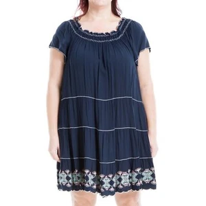Nuevo con etiquetas Vestido Max Studio Bordado Cuello Calado Corto en Niveles Azul Marino Para Mujer Talla 1X - Imagen 1 de 8