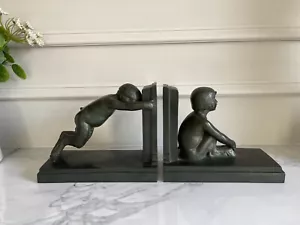 Par de sujetalibros de bronce Art Deco antiguo Paul Silvestre - niño y niña sátiro - década de 1920 - Imagen 1 de 11