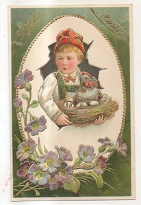 Una Pascua alegre, lindo niño verde con nido, huevos de gallina postal de Pascua de colección - Imagen 1 de 2