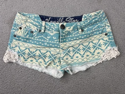 Pantalones Cortos Vanilla Star Para Mujer Pequeños Azul Blanco Estampado Azteca Denim Crochet Ribete de Encaje Foto 1 de 4