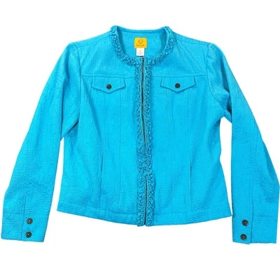 Ruby Rd Jacket Womens 12 Teal Blue Ruffle Trim Full Zip Brocade Medium Weight - Image 1 of 4