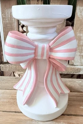 NEW White Pink Striped Bow Candle Holder Stick Pillar Style 7inch Tall - Image 1 of 3
