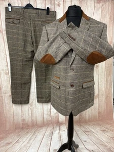 Marc Darcy DX7 2 Piece Tweed Suit Slim Tan 44 Jacket W38 W36 Velvet Elbow Patch - Picture 1 of 24