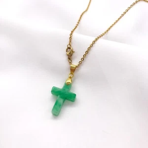 Genuine Green Jade Cross Pendant Necklace, Gold Plated, White Gold Plated, Lucky - Picture 1 of 11