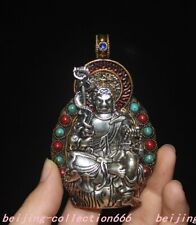 3.4" Tibetan silver Gilt Inlay gem warrior hold katana Fudo Acalanatha pendant
