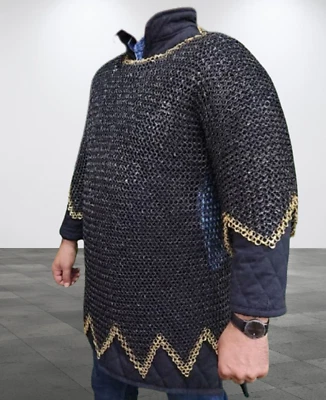 Chainmail Shirt ,9 Mm flat Chainmail with brass zig zag , Haubergion , Best for - Image 1 of 4