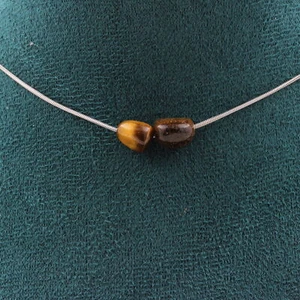 Collier 2 perles Oeil de Tigre d'Afrique du Sud. Chaine en acier collier femmes - Picture 1 of 6