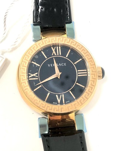 NUOVO Orologio Versace Leda Donna Oro IP Nero Quadrante MOP Pelle Nera VNC040014
