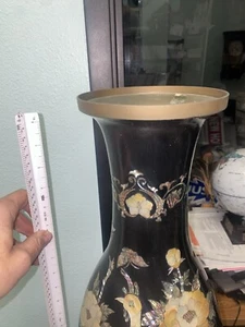Vintage Vase Korean Mother of Pearl 32” Black Lacquer Brass peacock - Picture 1 of 5