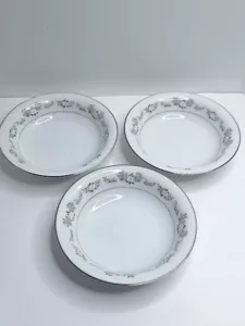 Noritake Japan Leonore 6676 Soup Bowl 7 3/4" Gray White Blue Flowers Set of 3 - Picture 1 of 8
