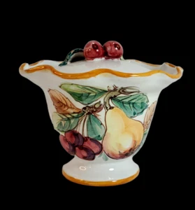 Italian Pottery Sugar Bowl Condiment Jam Pot or Marmalade Jar Lidded w/Fruit - Picture 1 of 15