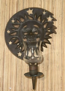1994 Partylite Verdigris Style Brass 10 3/4" Sun Stars Wall Candle Sconce - Picture 1 of 6