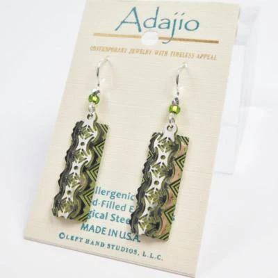 Adajio Earrings Shiny Silver Tone Geometric Design Over Olive Green Column 7900 - Image 1 of 4
