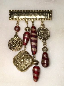 Vintage CACHAREL Bar Pin Brooch w/ Dangling Charms & Dark Red Art Glass Beads - Picture 1 of 5
