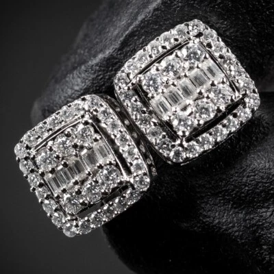 Pendientes Baguette Cuadrados Chapados en Oro Blanco 14K Plata de Ley 925 para Hombre Foto 1 de 4