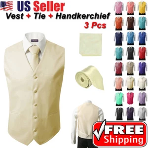 3Pcs SET Men's Formal Vest Slim Tie Hankie Causal Fit Tuxedo Suit Waistcoat Coat - Picture 1 of 24