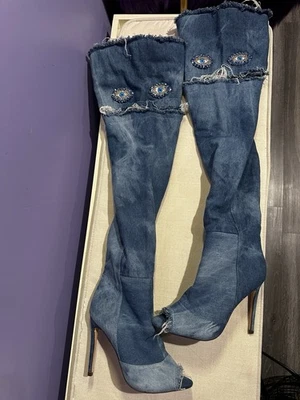 One-of-a-Kind Custom Denim Thigh-High Boots – Evil Eye Embellished - Image 1 of 4